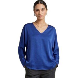 White House Black Market Royal Indigo Satin V-Neck Dolman Blouse Large Luxe